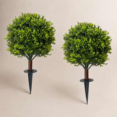 2' Artificial Boxwood Topiary Ball Trees with Ground Stakes, Set of 2, UV-Resistant Faux Shrubs for Indoor and Outdoor Planters