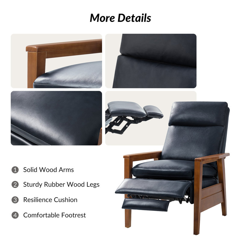 Gladys Mid-Century Modern Genuine Leather Pushback Recliner, Navy Genuine Leather