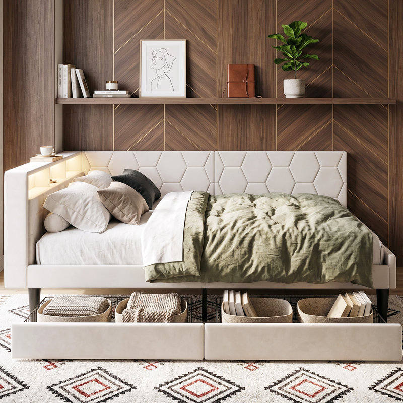 EU Single & Double Velvet Smart Daybed with 2 Storage Drawers, Upholstered Sofa Bed Frame with USB & Type-C Charging Station, LED Lights, Beige & Grey, 90/140x200cm