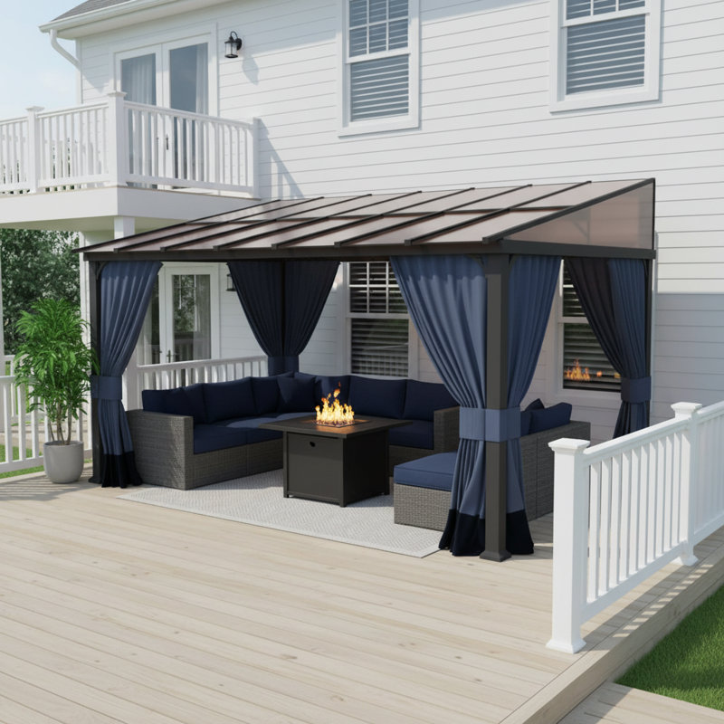 10'×14' Hardtop Gazebo with Slanted Polycarbonate Roof, Heavy-Duty Iron Frame, Privacy Curtains & Mesh Netting