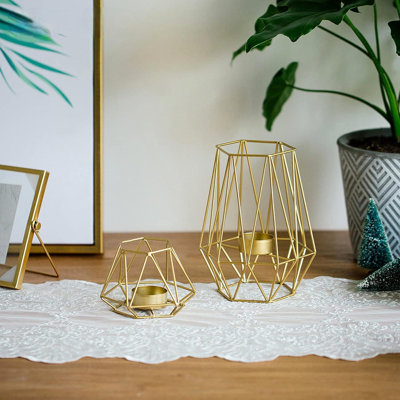 2 Pcs Metal Hexagon Shaped Geometric Design Tea Light Votive Candle Holders, Iron Hollow Tealight Candle Holders , Gold (S + L)