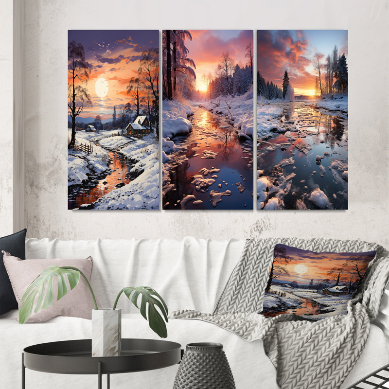 «Winter Sunset Snowfall», 3 pièces sur toile, Encadrement doré, H 32 po x l 48 po
