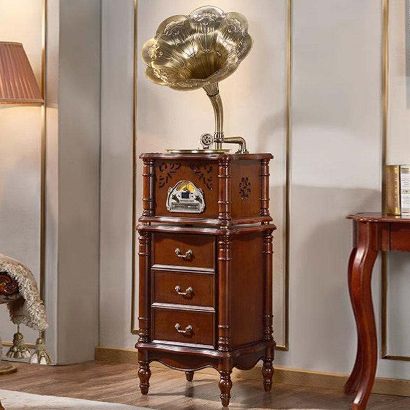 Nut-brown+Gold Rectangular Solid Wood+Copper Media Players, Gold/Nut Brown