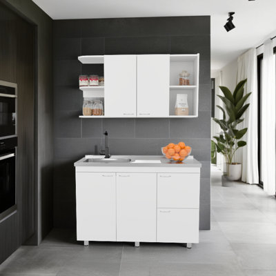 Ensemble d'armoires de cuisine Elica avec rangement supérieur et inférieur, 4 portes et tablettes ouvertes