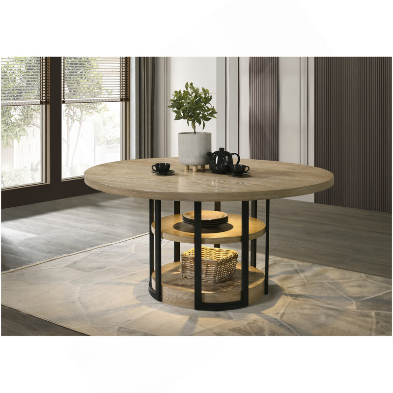 Eden 59" Round Rustic Oak Dining Table With LED Light, Black Metal Frame, Shelves