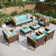 Ensemble de mobilier d'extérieur en osier 9 pièces, ensemble de patio modulaire avec coussins beiges Argyri, table de foyer