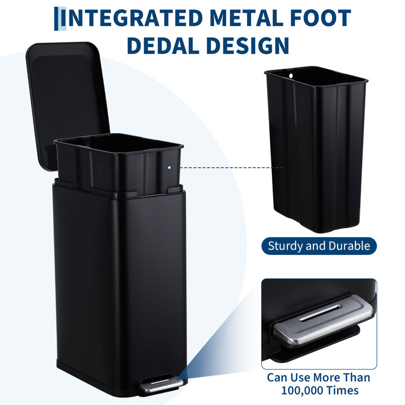 13 Gallon Slim Stainless Steel Step Trash Can with Hands-Free Foot Pedal, Odor-Containing Lid for Kitchen, Black