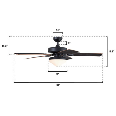 Deacon 52-Inch Indoor/Outdoor 5-Blade Matte Black Ceiling Fan, Dimmable LED Light Fixture with Opal Frosted Glass, Remote Control Included