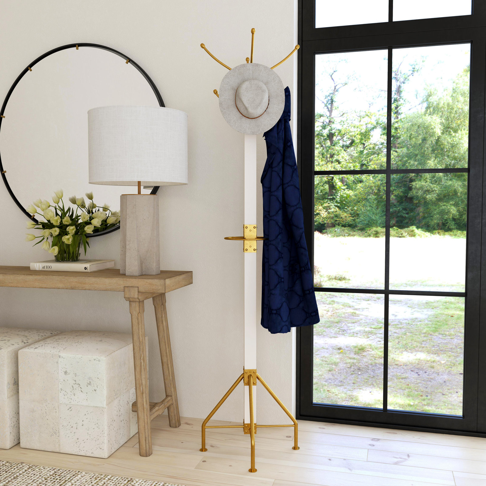 Donan 8 - Hooks Freestanding Coat Rack, White/Gold