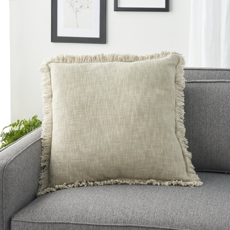 Taupe Stonewash Cotton Throw Pillow with Fringe Edges, 22" x 22"