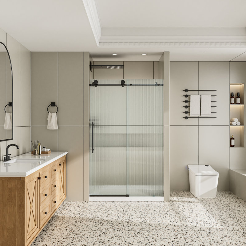 48"Wx76"H Single Sliding Frameless Shower Door,3/8" Clear Fluted Glass,304 Stainless Steel Hardwares, Matte Black