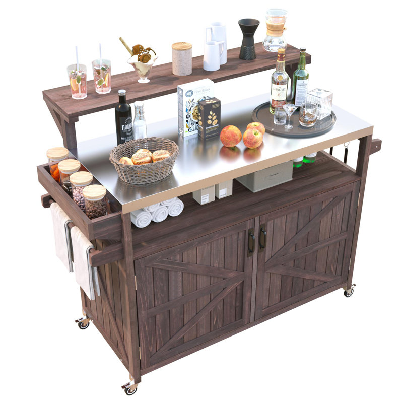 Îlot de cuisine extérieur avec tablette surélevée, plateau en acier inoxydable, support de rangement interne, tablette réglable, support à épices