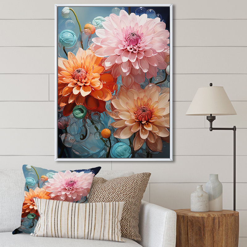 Zinnias roses et orange transparentes sur toile, H 44 po x l 34 po x P 1,5 po, Cadre flottant blanc