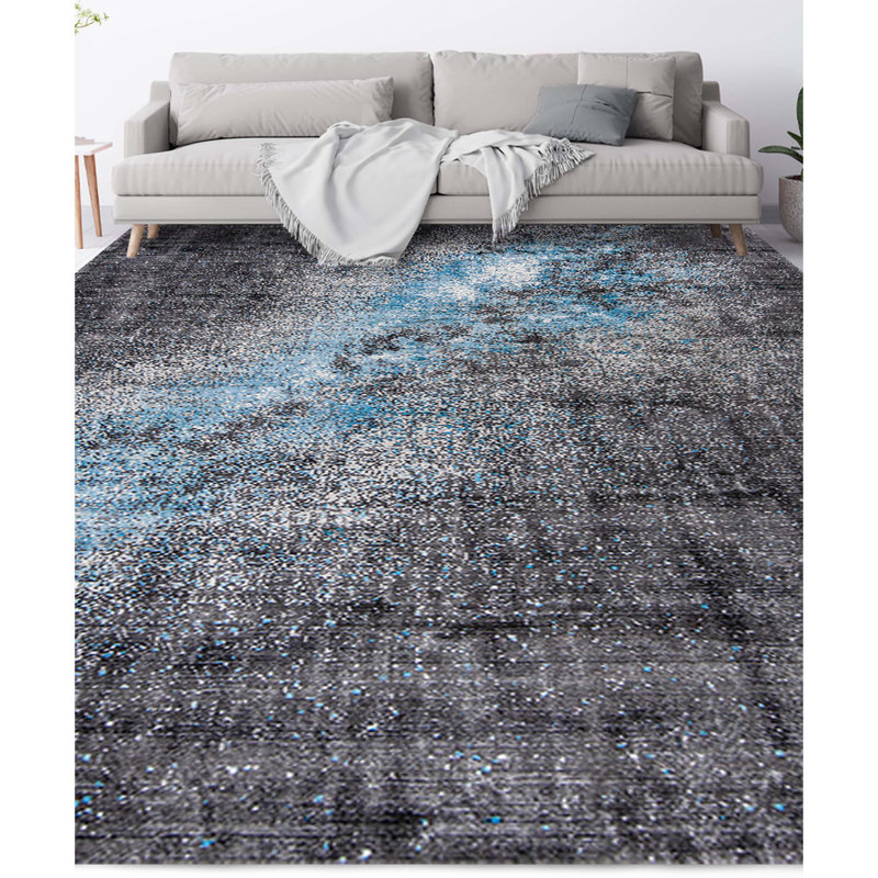 Tapis gris anthracite et bleu noué à la main de haute qualité, Rectangulaire 8 pi x 10 pi