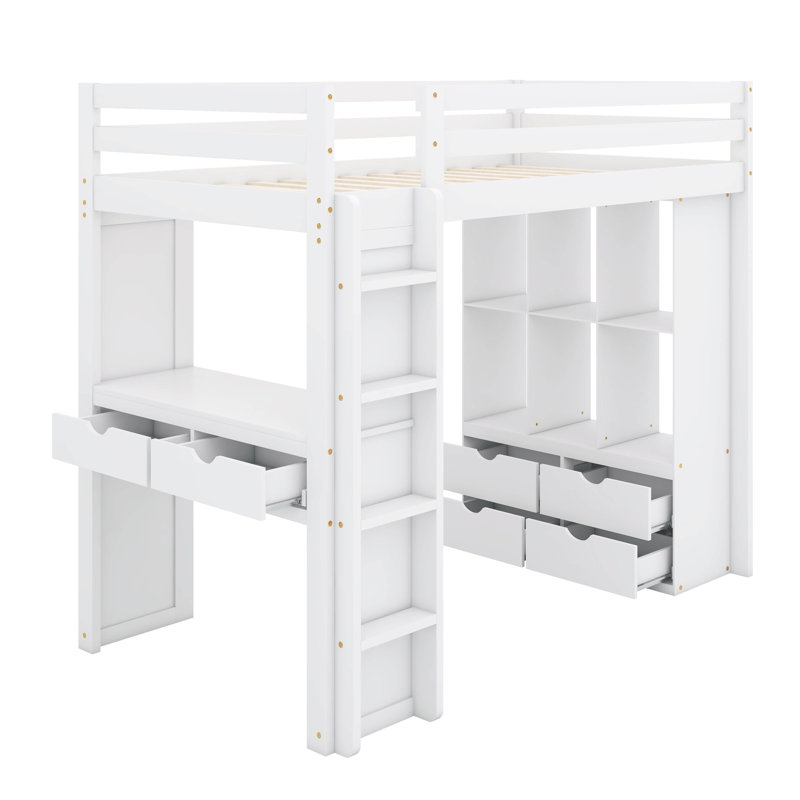Janais Twin 6 Drawer Loft Bed with Bookcase and Built-in-Desk by Munora, White
