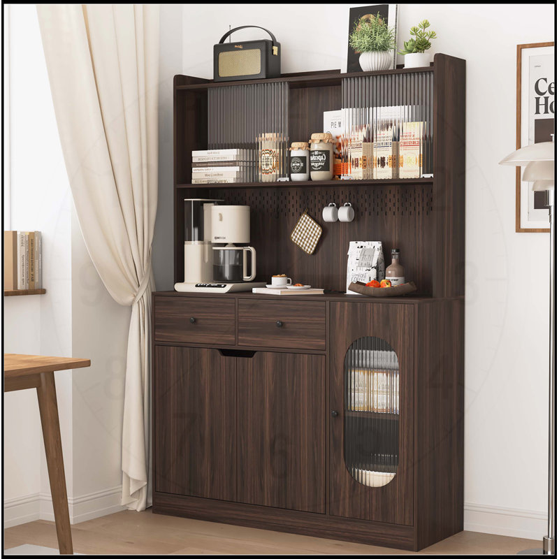 Armoire de rangement pour garde-manger de 71 pouces de hauteur avec portes en verre Reeded, support pour micro-ondes et grande capacité pour cuisines, garde-manger et salons