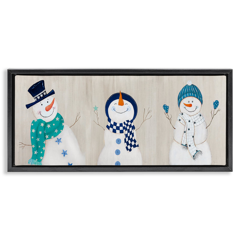 «Happy Snowman Trio», art mural sur toile par Janet Tava, H 11 po x l 25 po, Cadre flottant noir de jais