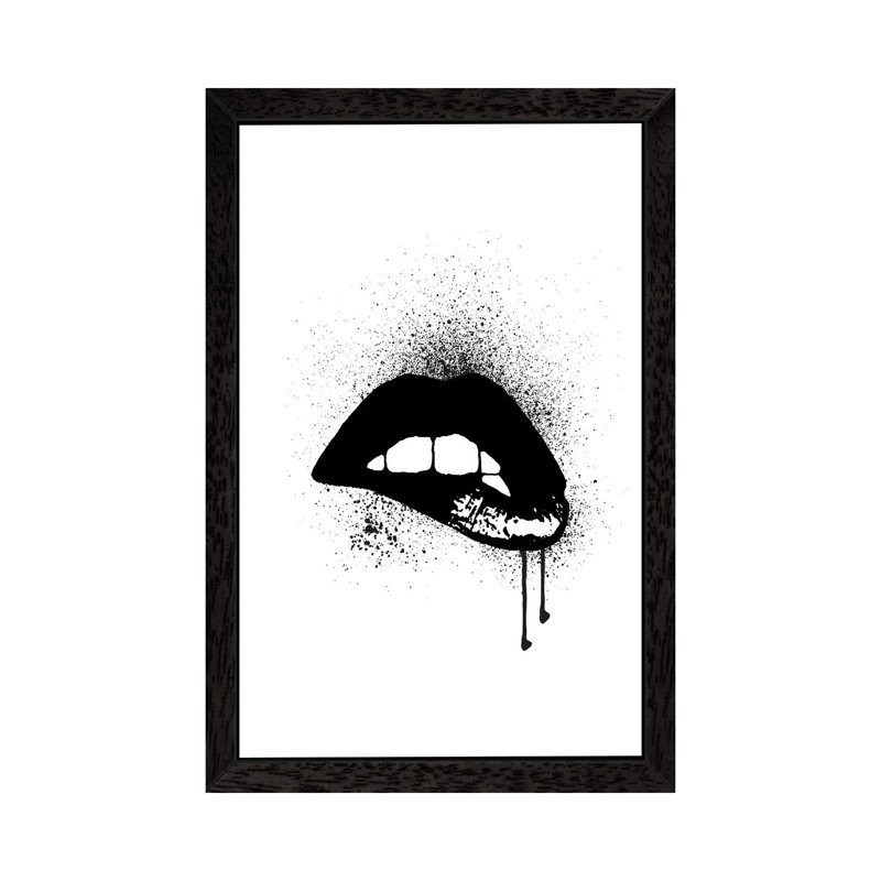 Lips Drip Black by Amanda Greenwood - Floater Frame Print on Canvas, Black Framed