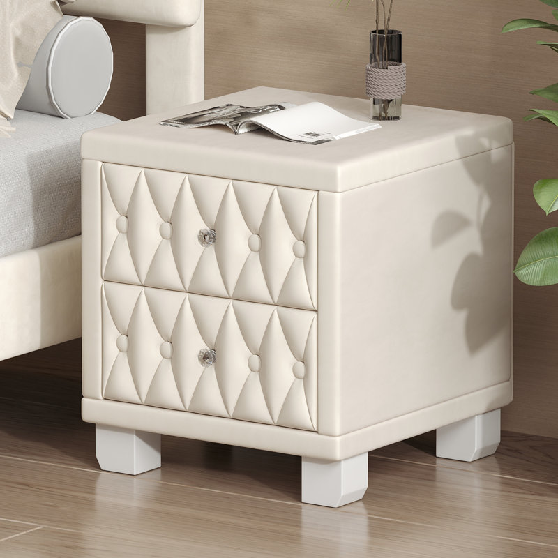 Table de chevet rembourrée beige avec rangement élégant en velours avec 2 tiroirs, poignées en cristal et capitonnage, Beige