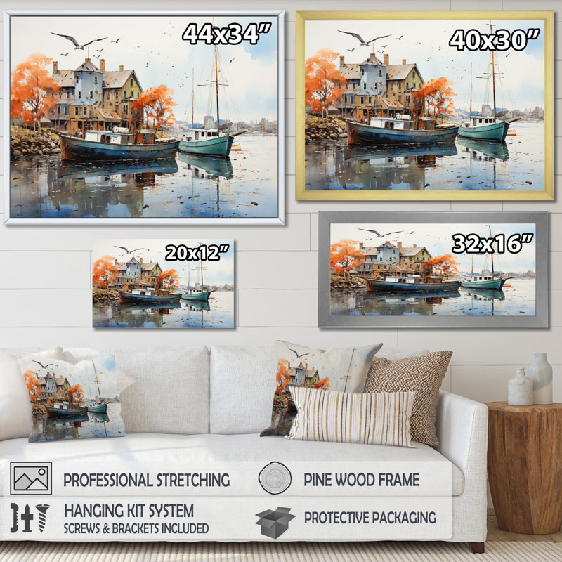 Port Portside Reflection Pointillism II - Nautical & Beach Canvas Art Print, Cadre naturel flottant
