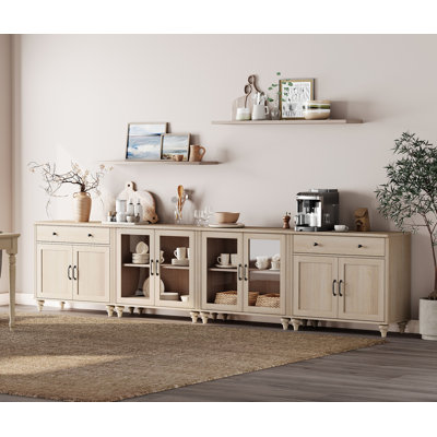 Sideboard Cabinet With 2 Drawers, 4 Glass Doors And 4 Wood Doors, Vintage Wood Grain Design, Buffet Cabinet With Storage, Light Oak