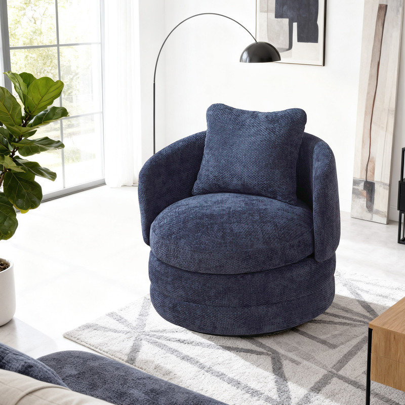 Fauteuil demi-tonneau pivotant 30 po avec revêtement en chenille et coussin de soutien, Marine