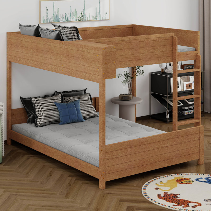Full XL Over Full XL Wooden Bunk Bed With Built-In Storage Shelf & Ladder, Walnut