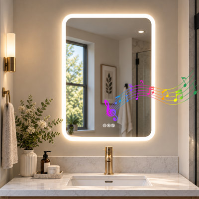 Miroir de courtoisie à DEL de 91,4 cm (L) x 71,1 cm (H) avec deux haut-parleurs Bluetooth, antibuée, éclairage à intensité variable en 3 couleurs et fonction mémoire