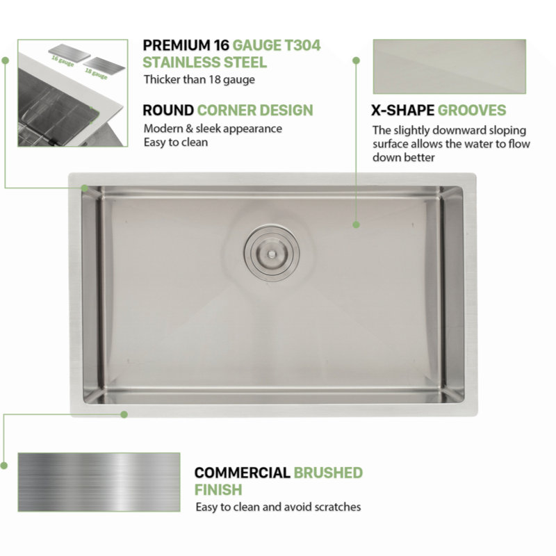 Évier de cuisine 32 - 32 po x 19 po x 10 po - Évier de cuisine en acier inoxydable encastrable 16 jauges 10 profonds