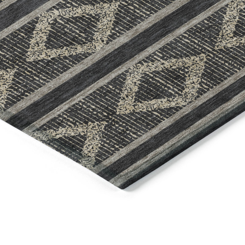 Black and Beige Round Diamond Pattern Washable Synthetic Rug