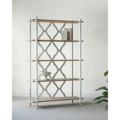 47X16.5X75" Distressed Five-Tiered Wooden Shelving Unit With Ornate Cut-Out Design/White