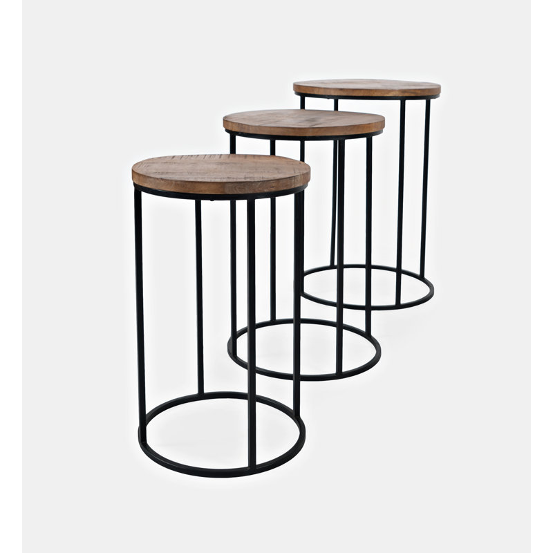 Dondie Round Modern Rustic Solid Wood and Metal Nesting End Tables - Set of 3