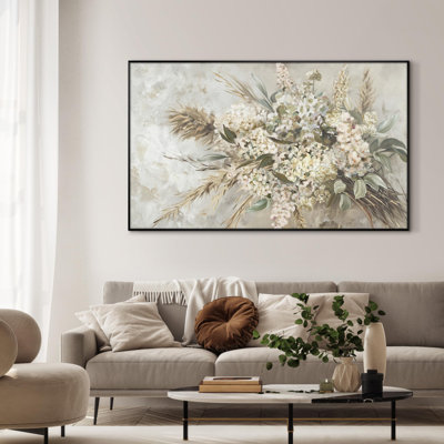 Extra Large Wall Art Fabric Print - Elegant Whimsical White Flower Bouquet Illustrations Artwork Decor for Living Room or Bedroom - "Frame Assembly Required (Unfinished Frame)"