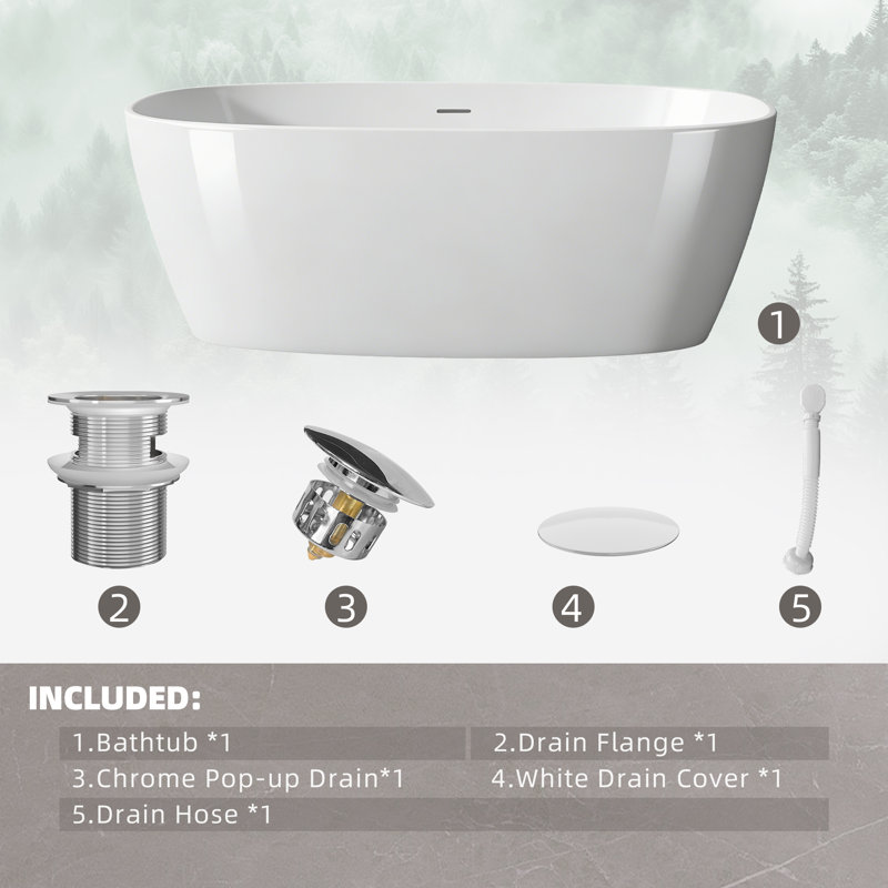 67" × 33"X 22" Freestanding Solid Surface Bathtub With Center Drain In Glossy White