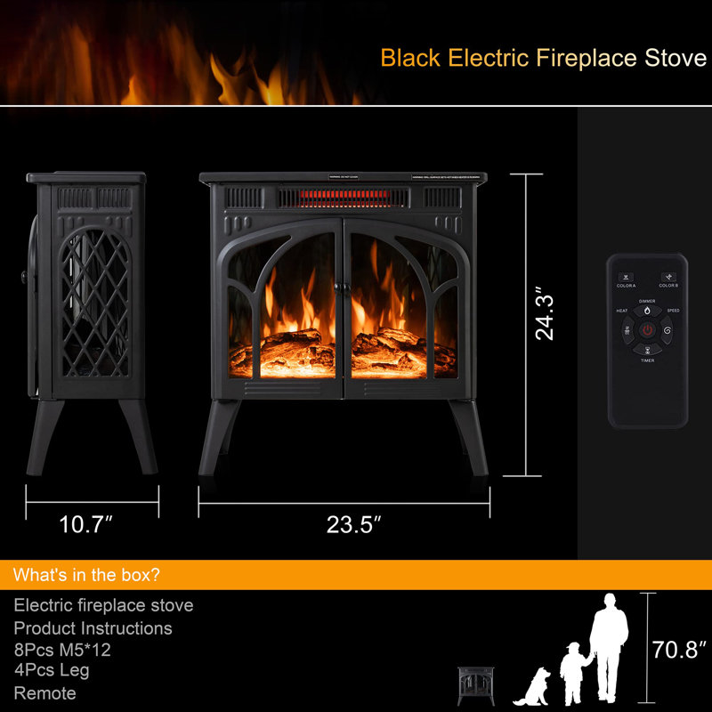 24Inch Electric Fireplace Stove , Free-Standing Infrared Fireplace Stove, Controllable 3D Flame, 4 Variable Flame&Log Colors, 1500w, 5100BTU,23.5"L X 10.7"W X 24.3"H