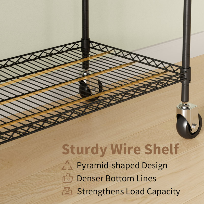 Organisateur de vêtements autoportant robuste - Tablettes grillagées réglables à 3 niveaux - Tringles de suspension doubles - Rangement portatif à roulettes pour chambre ou salle de lavage - Noir