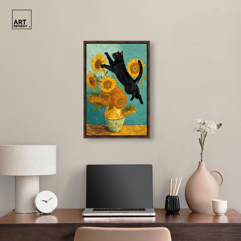 «Sunflower Kitten II», reproduction d'art sur toile encadrée par Art Remedy, cadre en noyer, 16 x 24, 25"H x 17"W