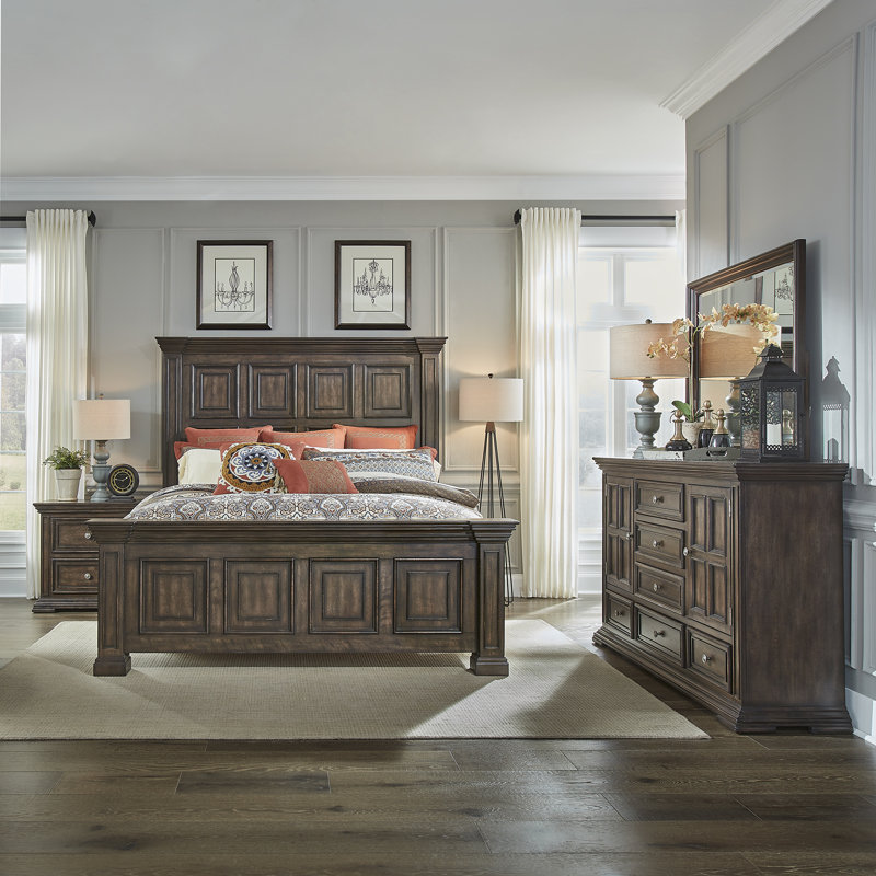 Temple Cloud Temple Cloud Panel Bed, Dresser & Mirror, Night Stand, California King, Brown