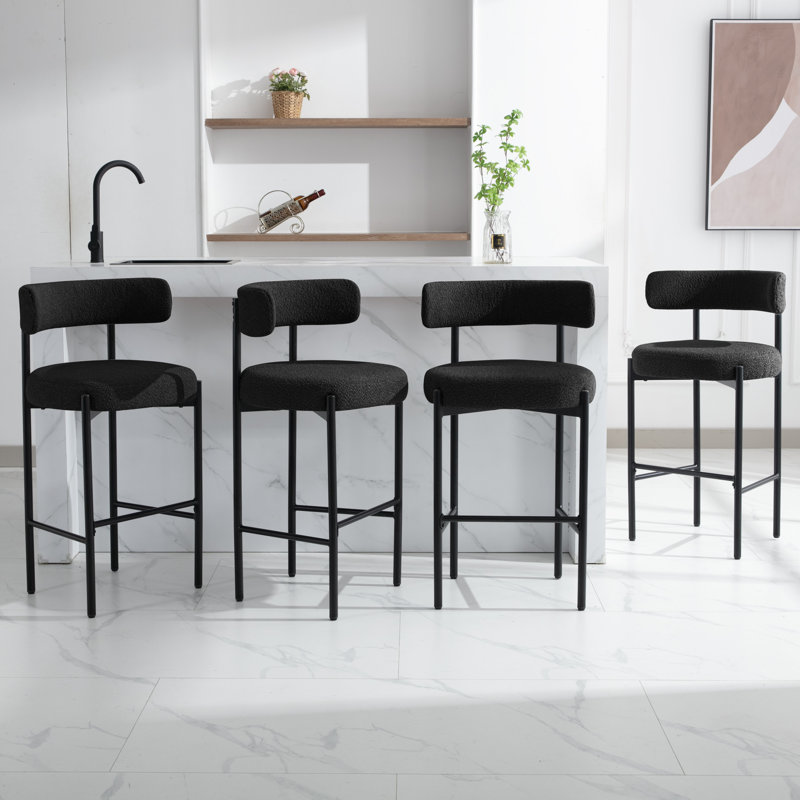 28" Boucle Upholstered Metal Counter Stool Set Of 2, 3, Black