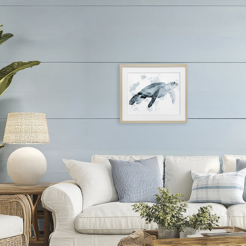 Tortue de mer patinée, reproduction sous verre, conception de Marcus Prime, H 13 po x l 16 po, Cadre de récolte en pin