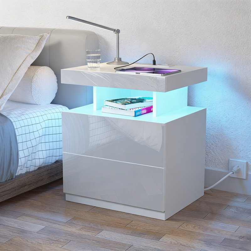 Chappa 2 - Drawer Nightstand with Wireless Charging Station & Smart LED Lights, White