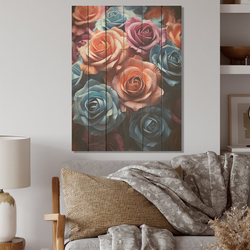 Abstrait de roses éclatées, beauté I - Roses, art sur bois de pin naturel, H 32 po x l 24 po