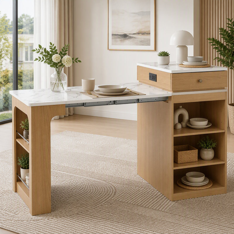 Îlot de cuisine avec table de salle à manger extensible et rangement double-face, Naturel