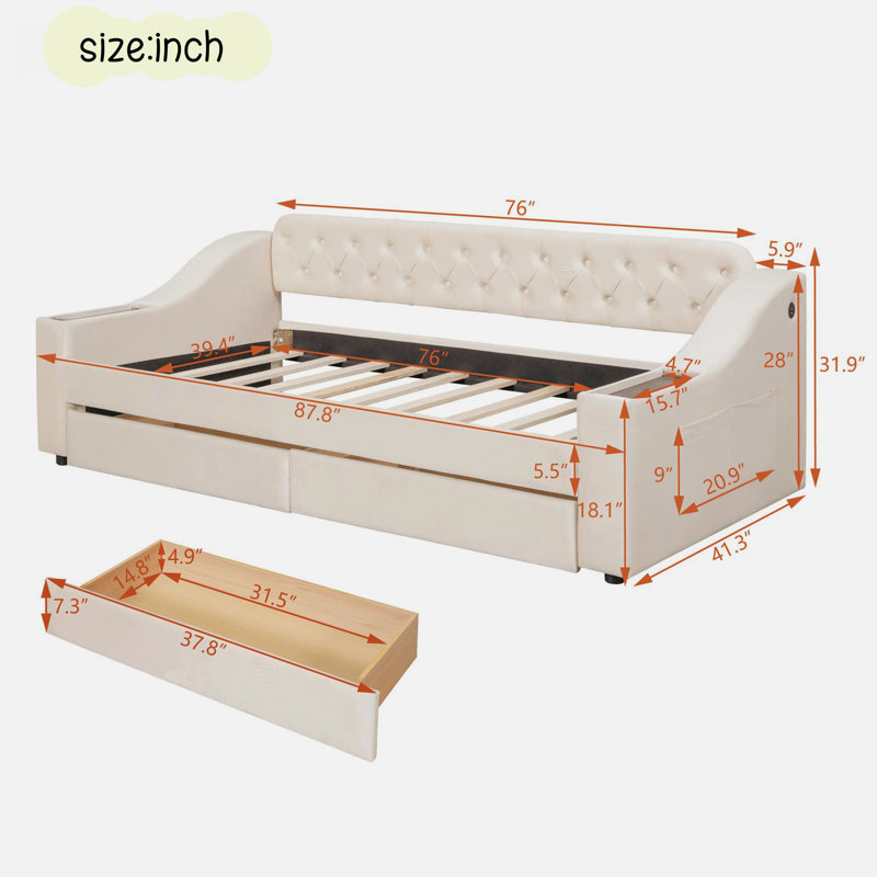 Azekiel Upholstered Tufted Daybed with Two Drawers and USB Ports, Beige