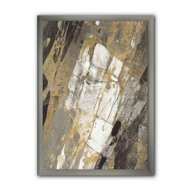 «Gold, Black and White Handpainted Abstract», reproduction sur toile encadrée, H 40 po x l 30 po x P 1,5 po, Cadre argenté