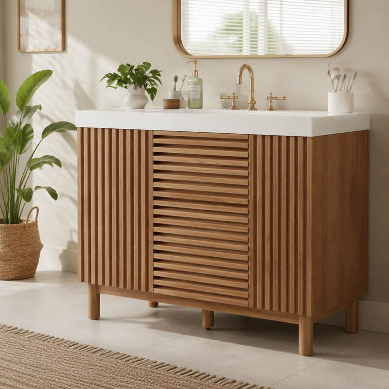 [Vidéo] Meuble-lavabo de 47,2 pouces avec lavabo en résine SMC, armoire en panneau de fibres à densité moyenne avec pieds en bois massif, portes et tiroirs à fermeture en douceur, tablettes réglables et armoire de rangement moderne pour la salle de bain.