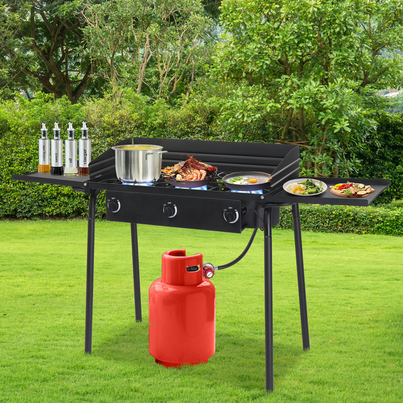 3-Burner High Pressure Propane Outdoor Stove with Removable Side Shelves and Windscreen