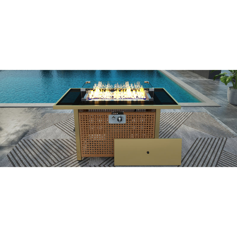 Table de feu d'extérieur 60000, 43 po rectangulaire avec tissage ouvert, pare-vent en verre pour la cour de la terrasse de jardin - garde de table jaune moutarde orange, propane, et