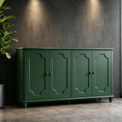 Buffet classique 63 po à 4 portes avec portes à panneaux surélevés courbés, crédence de rangement rétro avec charnières à fermeture en douceur, dispositif anti-basculement, boutons en bronze antirouille, pieds surélevés résistants à l'humidité pour le salon, la cuisine