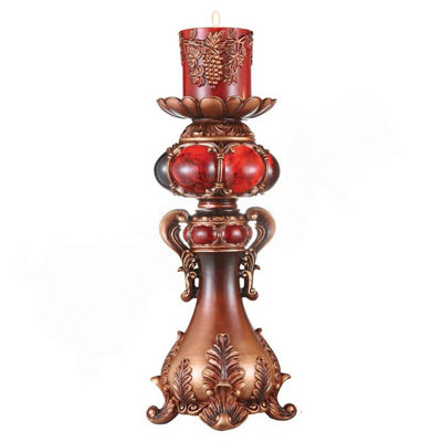 20" Tall Polyresin Candleholder, Red And Brown Finish